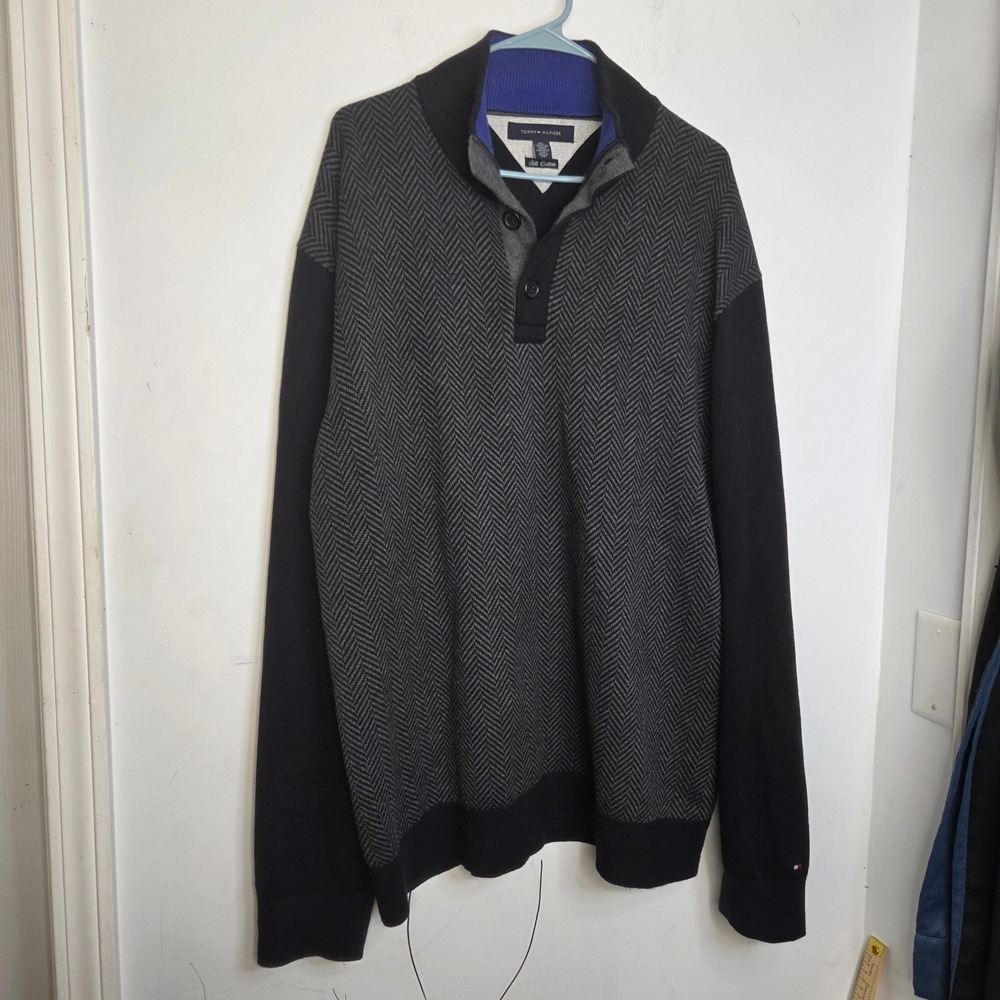 Tommy Hilfiger Men XXL Silk Cotton Herringbone Quarter Button Sweater Black Grey